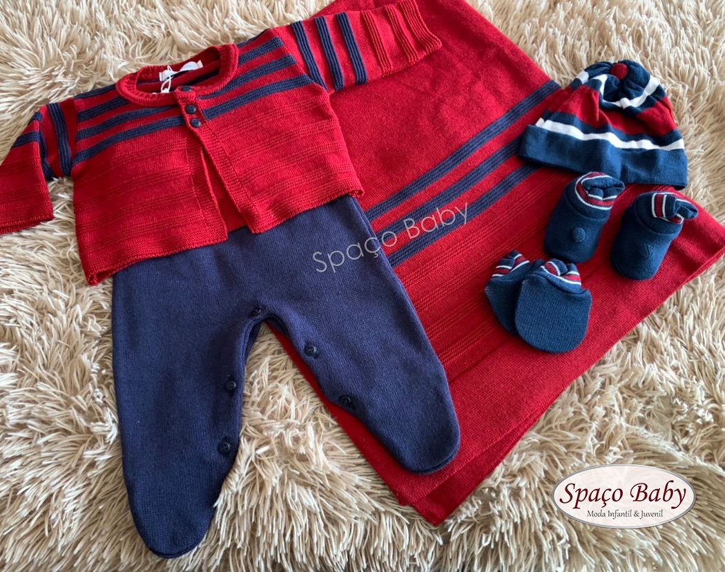 Saída maternidade vermelha e azul  em linho