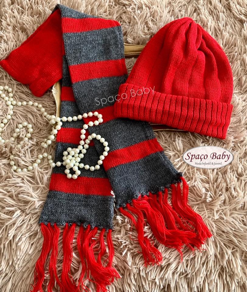 Kit touca e cachecol vermelho com cinza