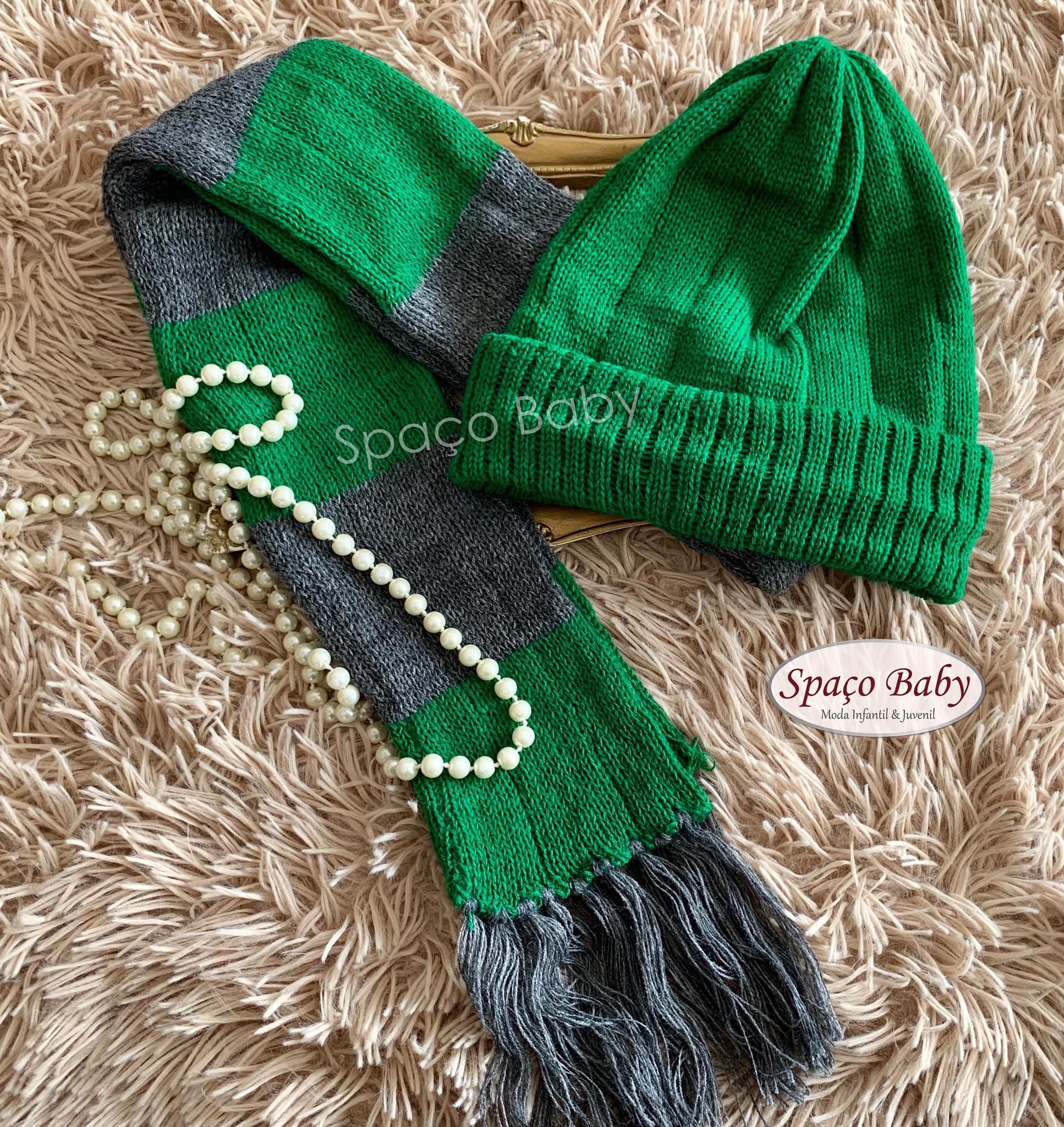 Kit touca e cachecol verde com cinza