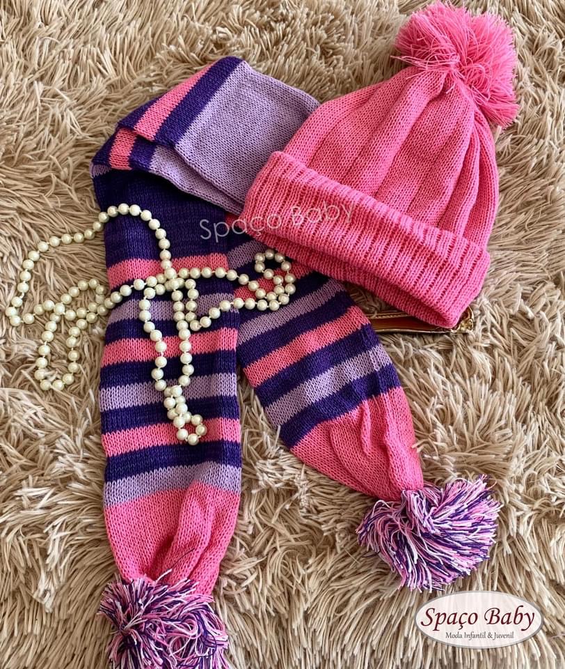Kit touca e cachecol rosa e lilás