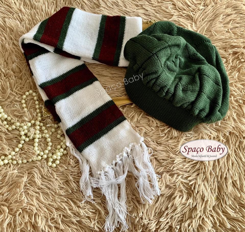 Kit touca e cachecol verde militar e branco