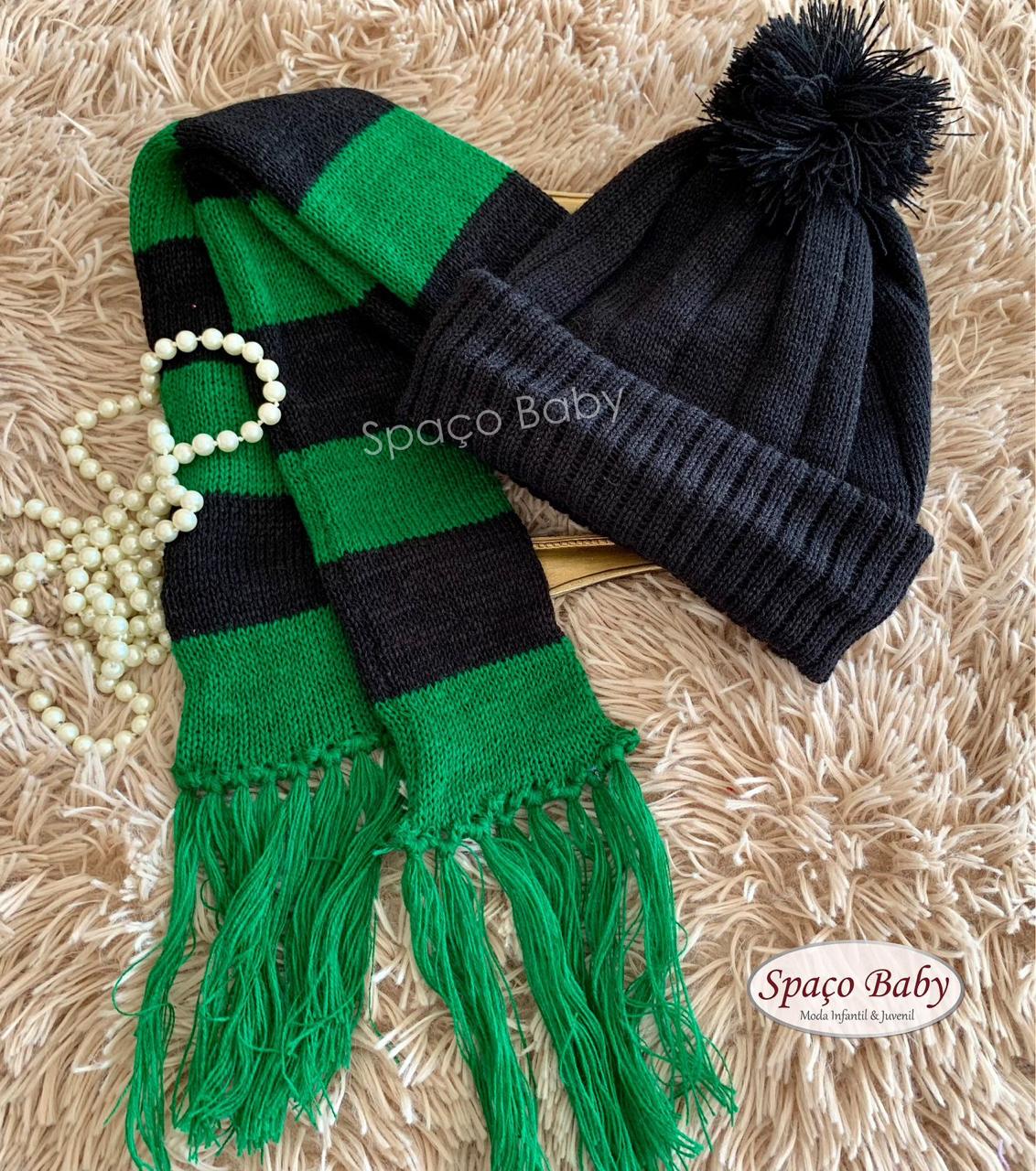 Kit touca e cachecol preto e verde