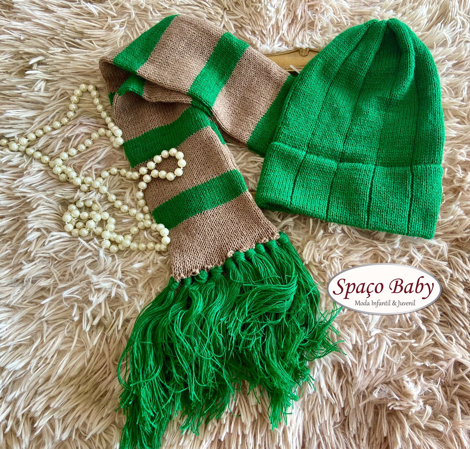 Kit touca e cachecol verde e bege