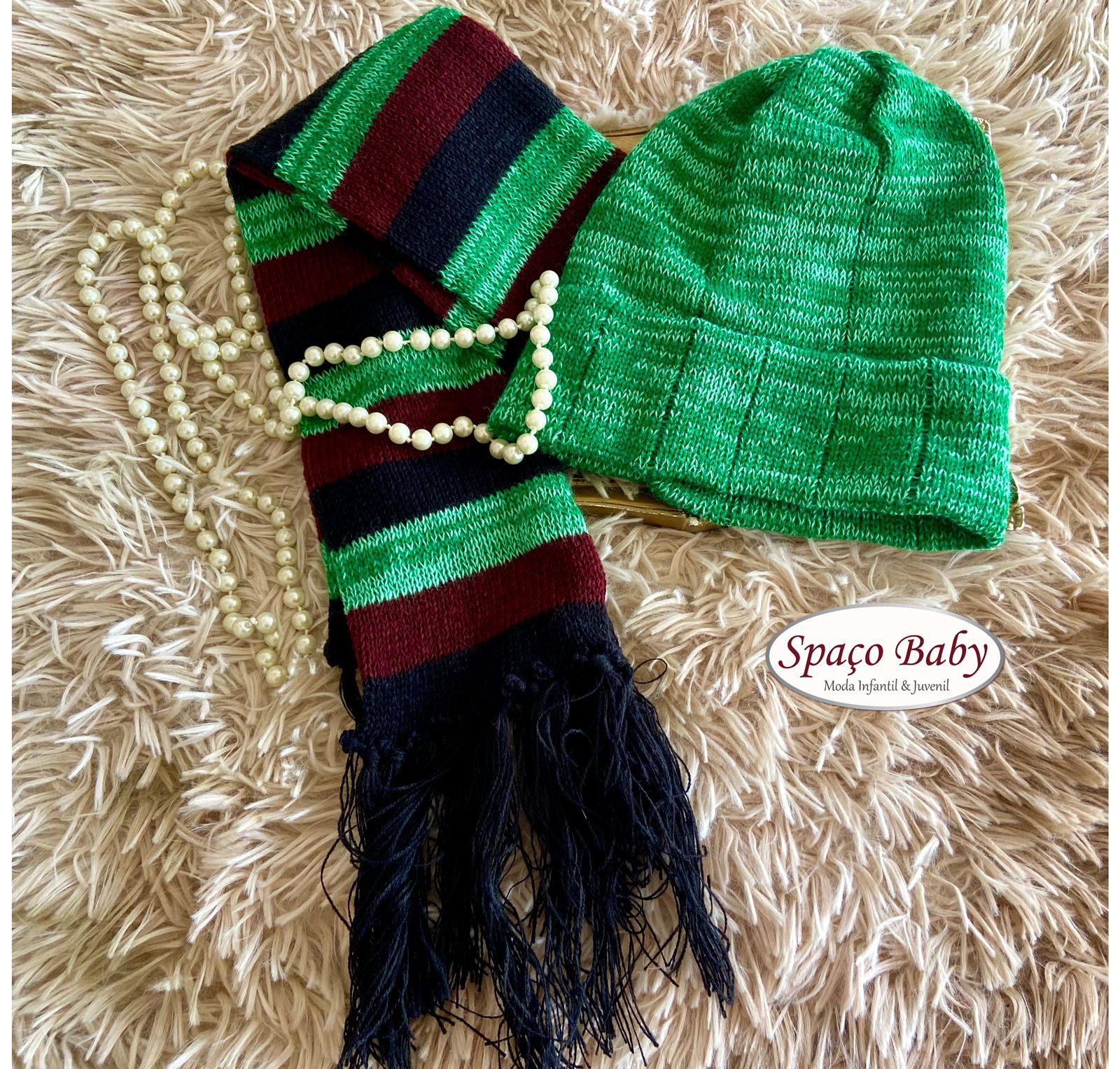 Kit touca e cachecol verde e preto