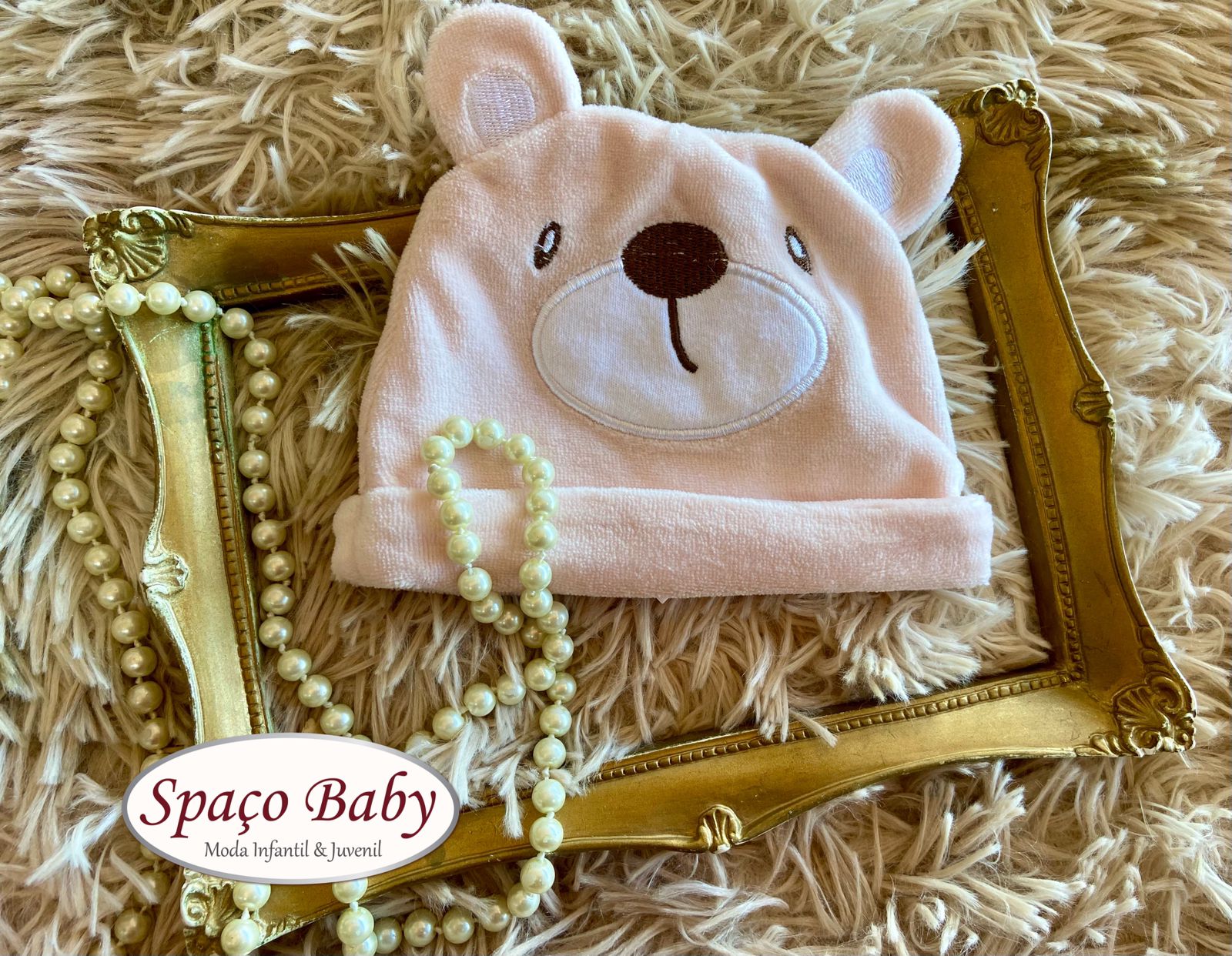 Touca ursinha rosa bebê