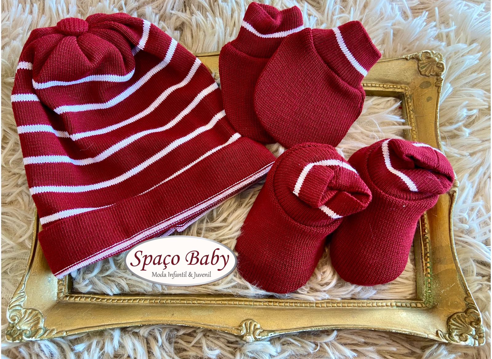 Kit vermelho listras touca, luvinha e sapatinho