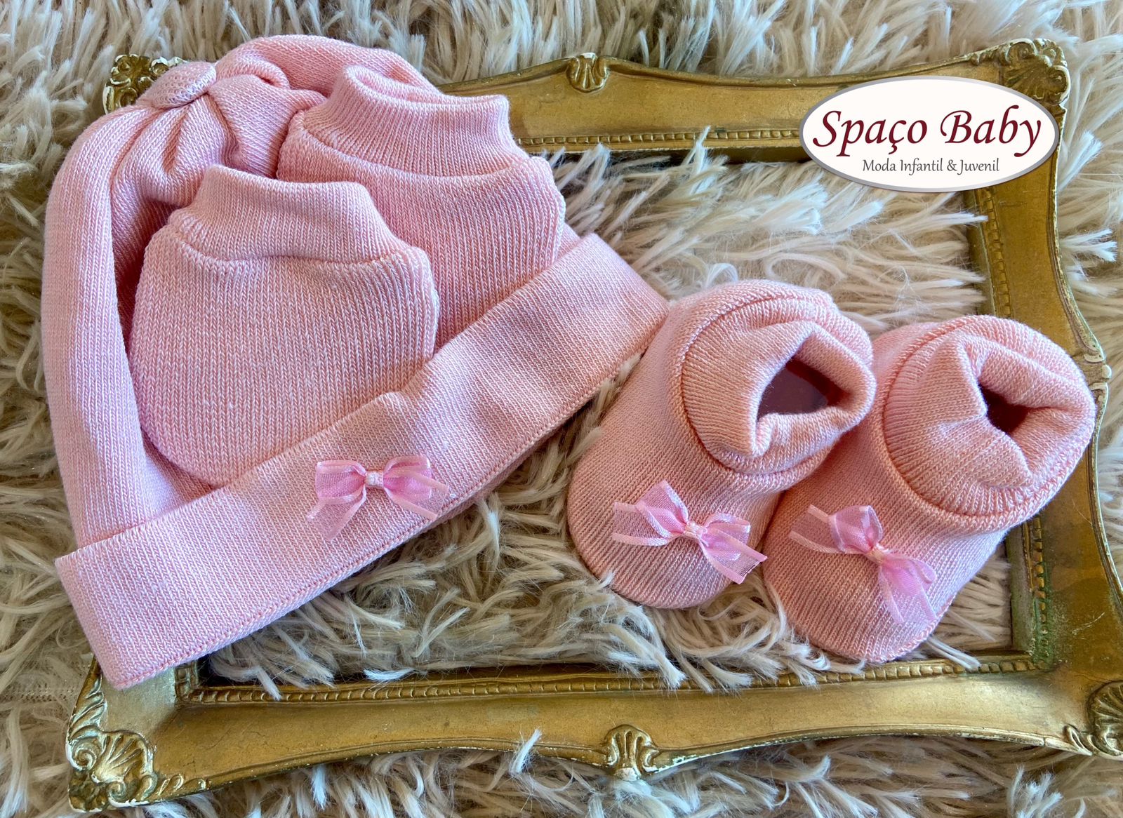 Kit rosa touca, luva e sapatinho