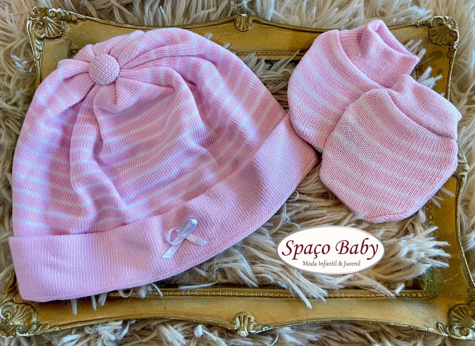 Kit touca e luva rosa bebê