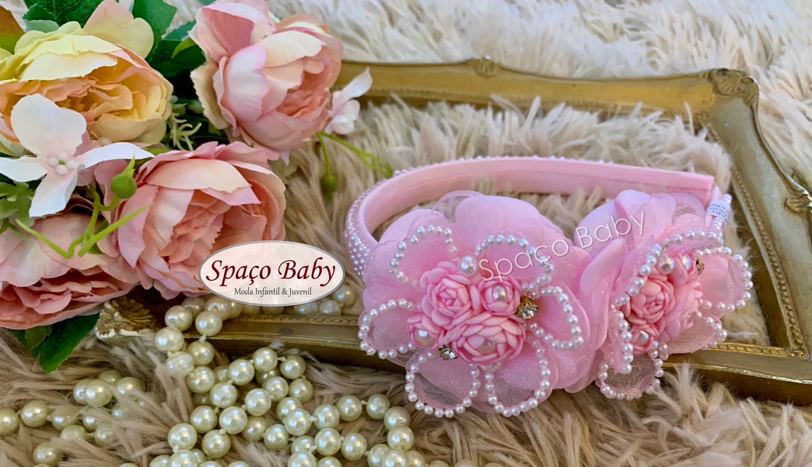 Tiara rosa bebê com flores