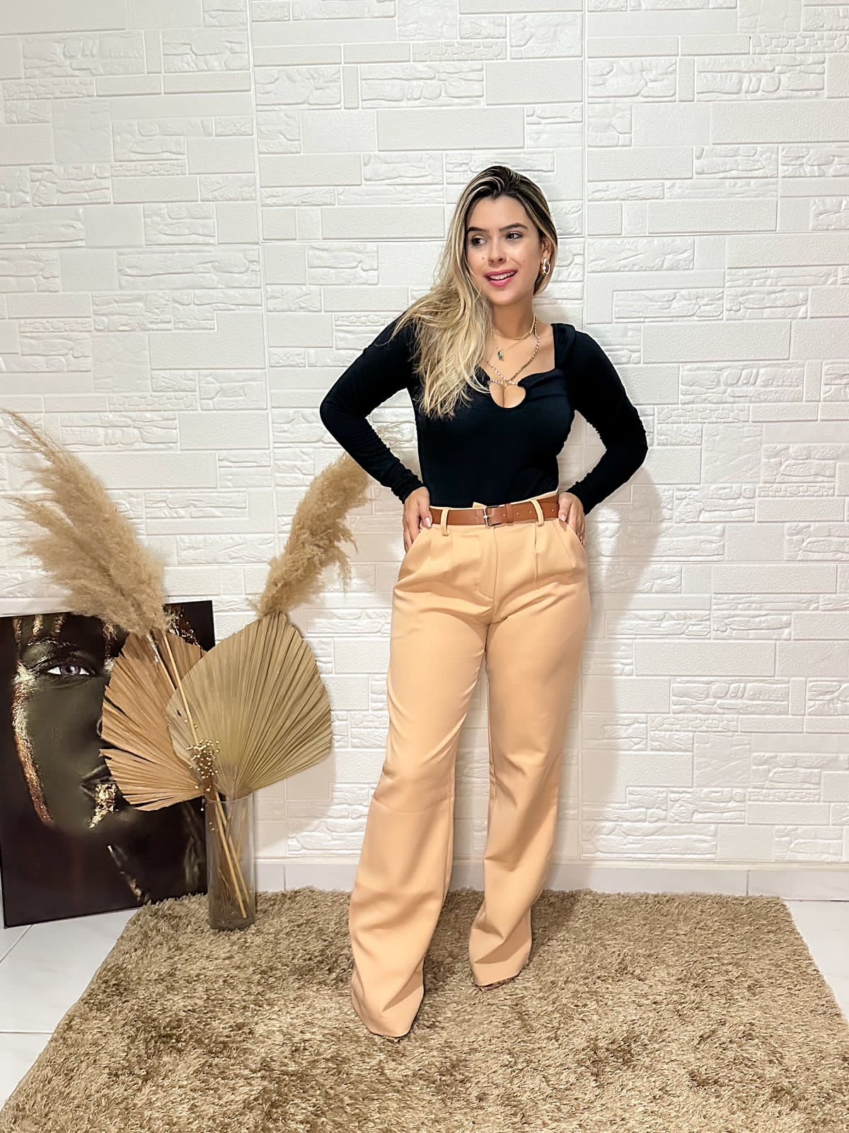 Calça Wide Leg em Tecido Oxford com Cinto 01500