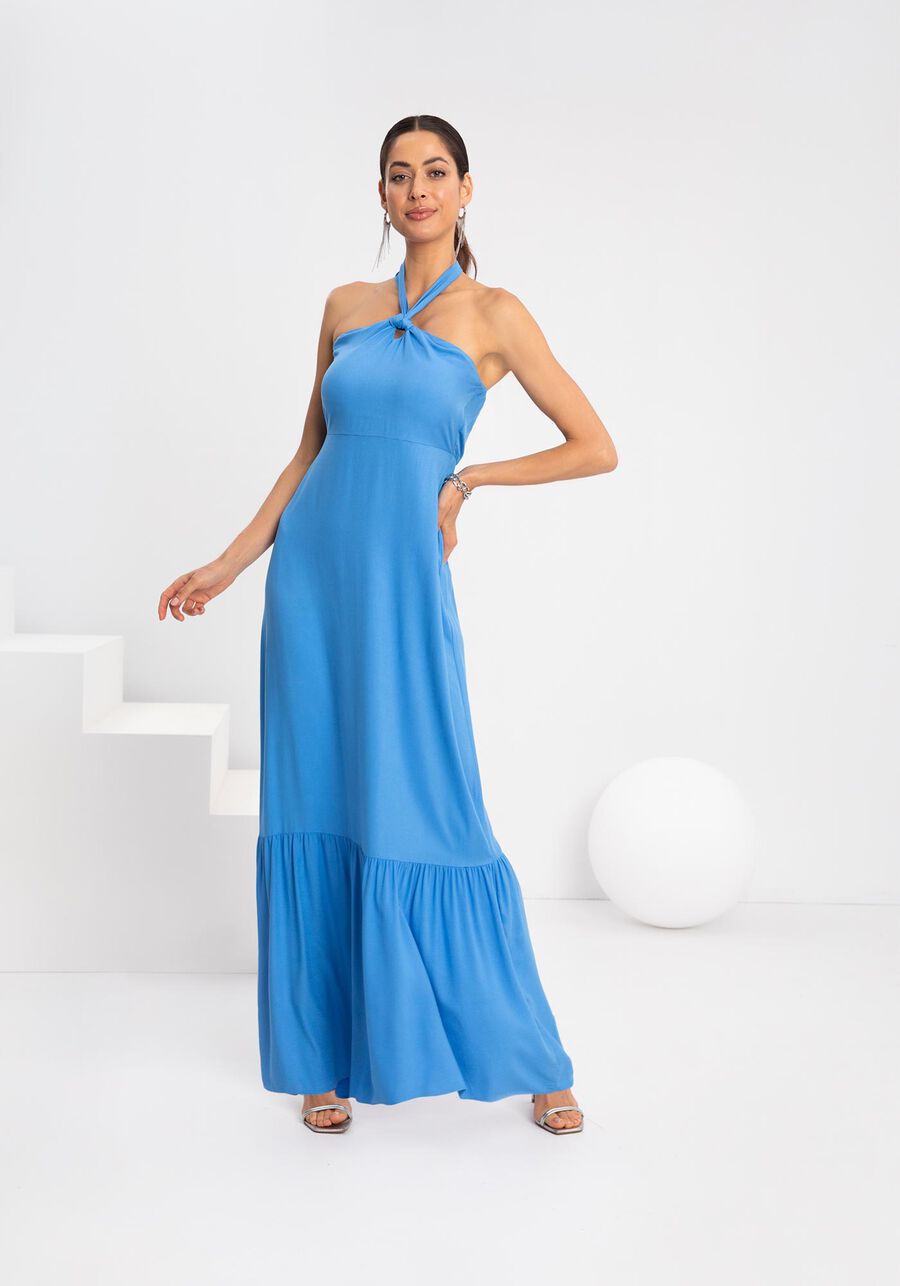 Vestido longo frente única com babado na barra