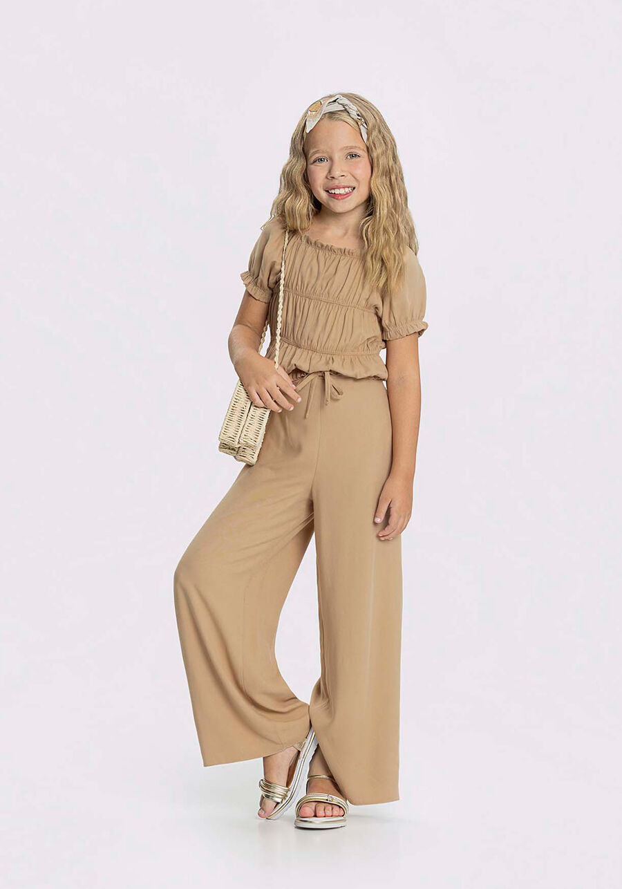 Conjunto Infantil Liso Com Blusa Franzida E Calça Pantalona