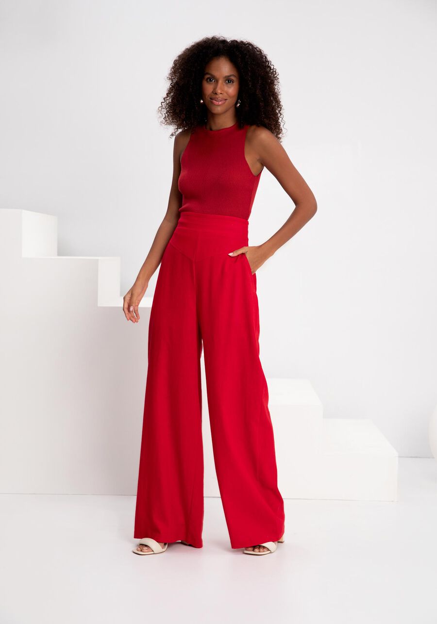 Calça Wide Leg Com Bolsos Funcionais Em Tecido Linho