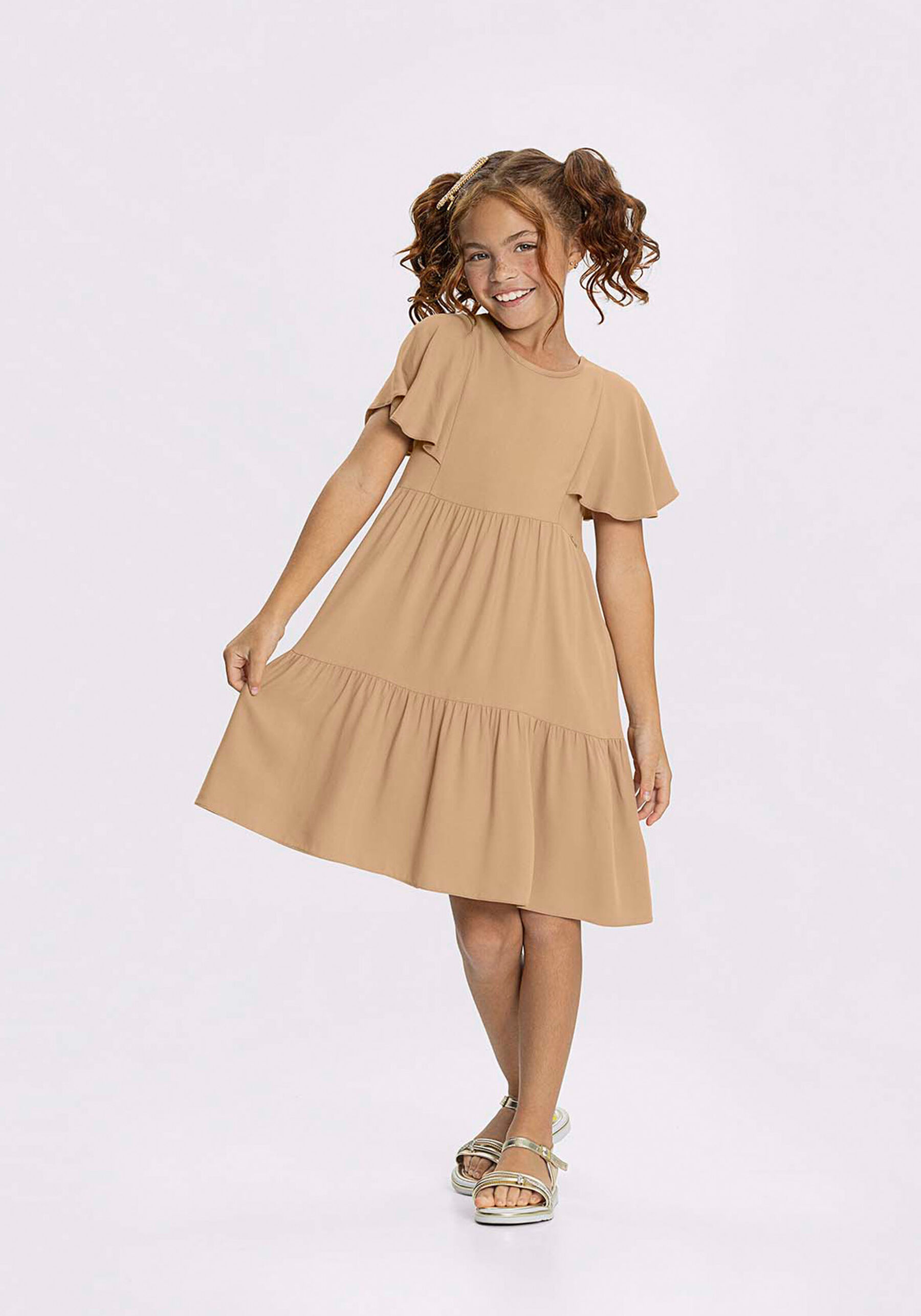 Vestido Infantil Liso Com Babados E Mangas Curtas Em Viscose