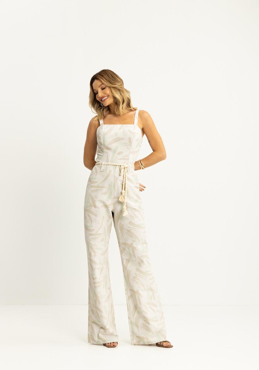 Calça Wide Leg Estampada Em Sarja Com Cintura Alta E Cinto