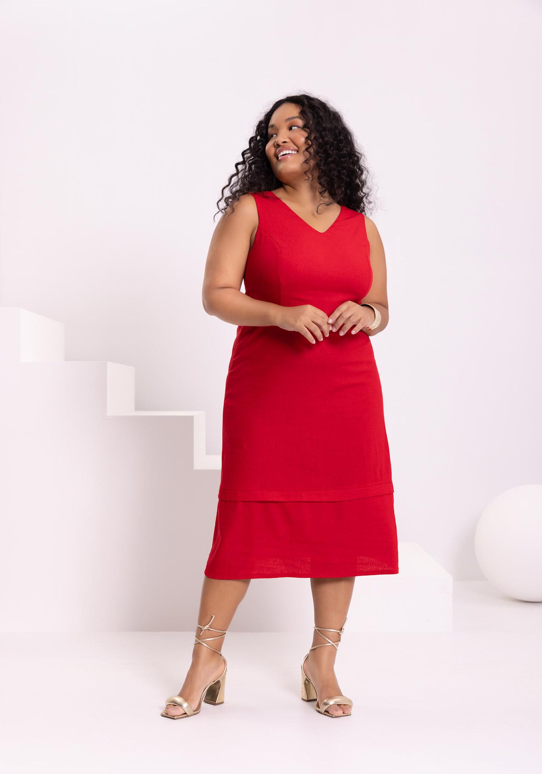 Vestido Midi Chá Com Alças Largas E Decote Em V Tecido Linho