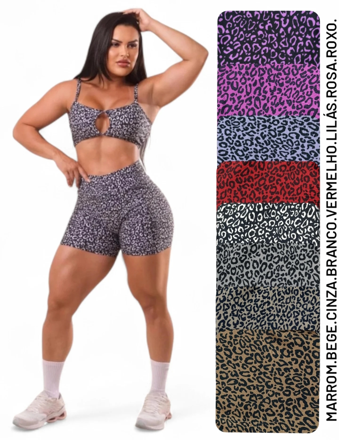 Conjunto de Short M Stefany. Cores: Roxo. Rosa. Lilás. Marrom. Bege. Cinza. Branco. Vermelho.