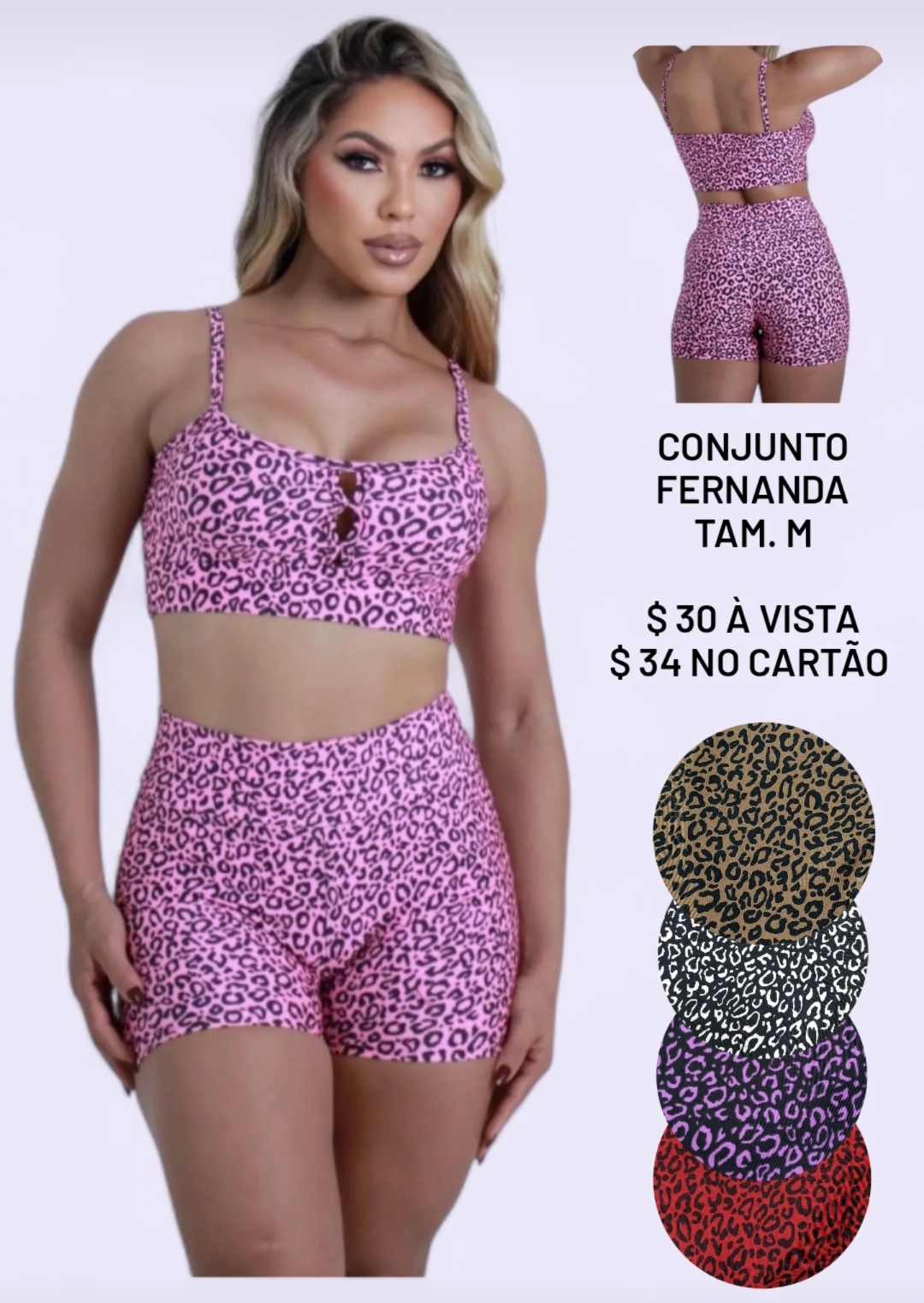 Conjunto de Short M Fernanda. Cores: Marrom. Branco. Roxo. Vermelho.