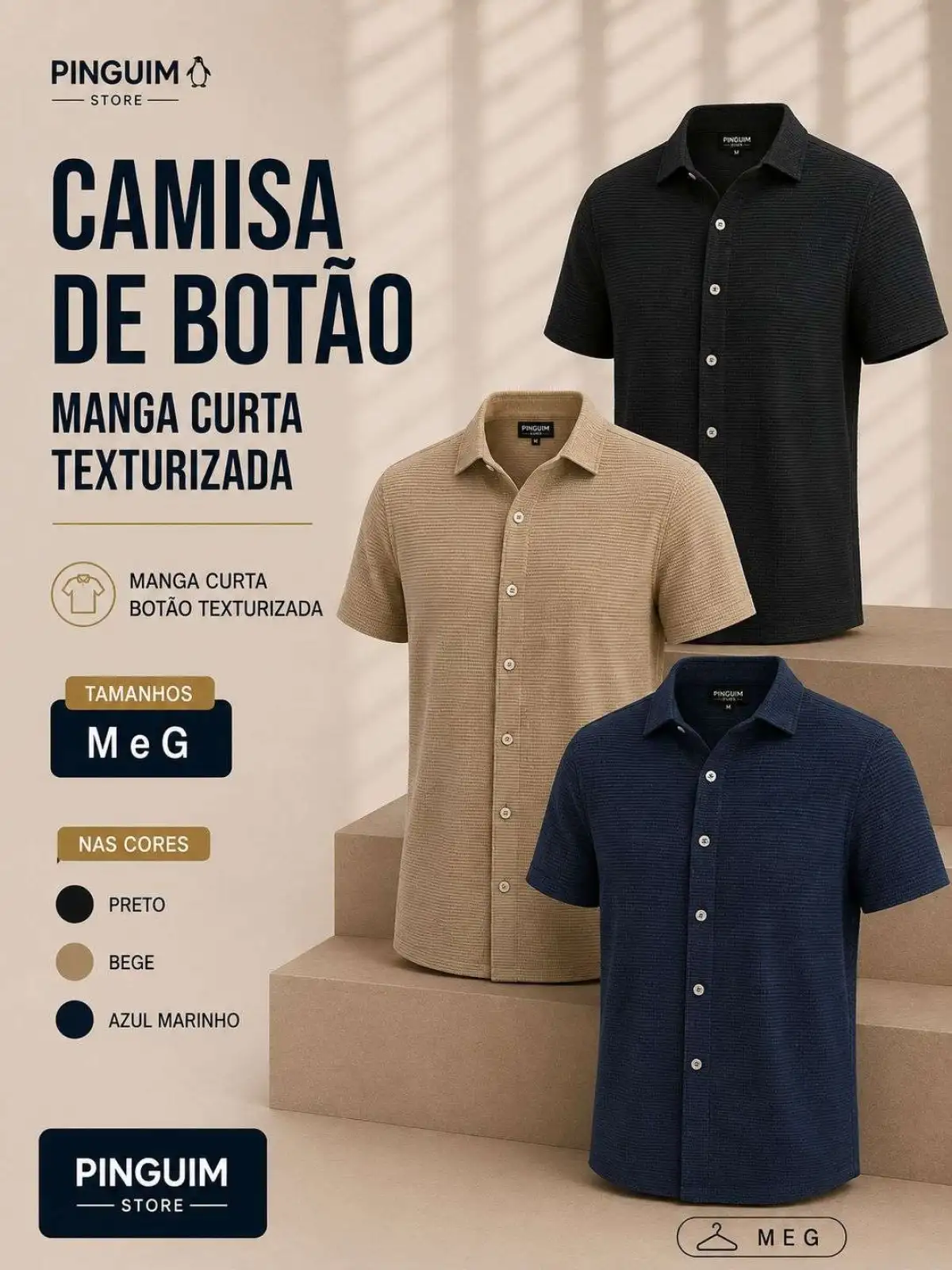 Manga Curta Botão Texturizada (M e G)
