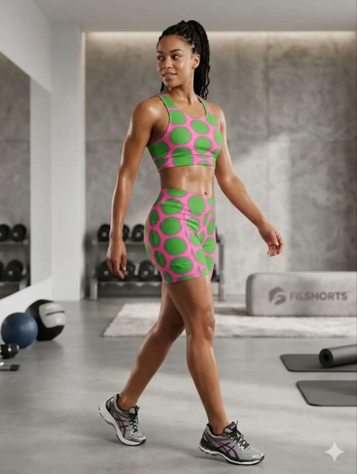 Conjunto de Short M com bolso. Estampa Verde/rosa