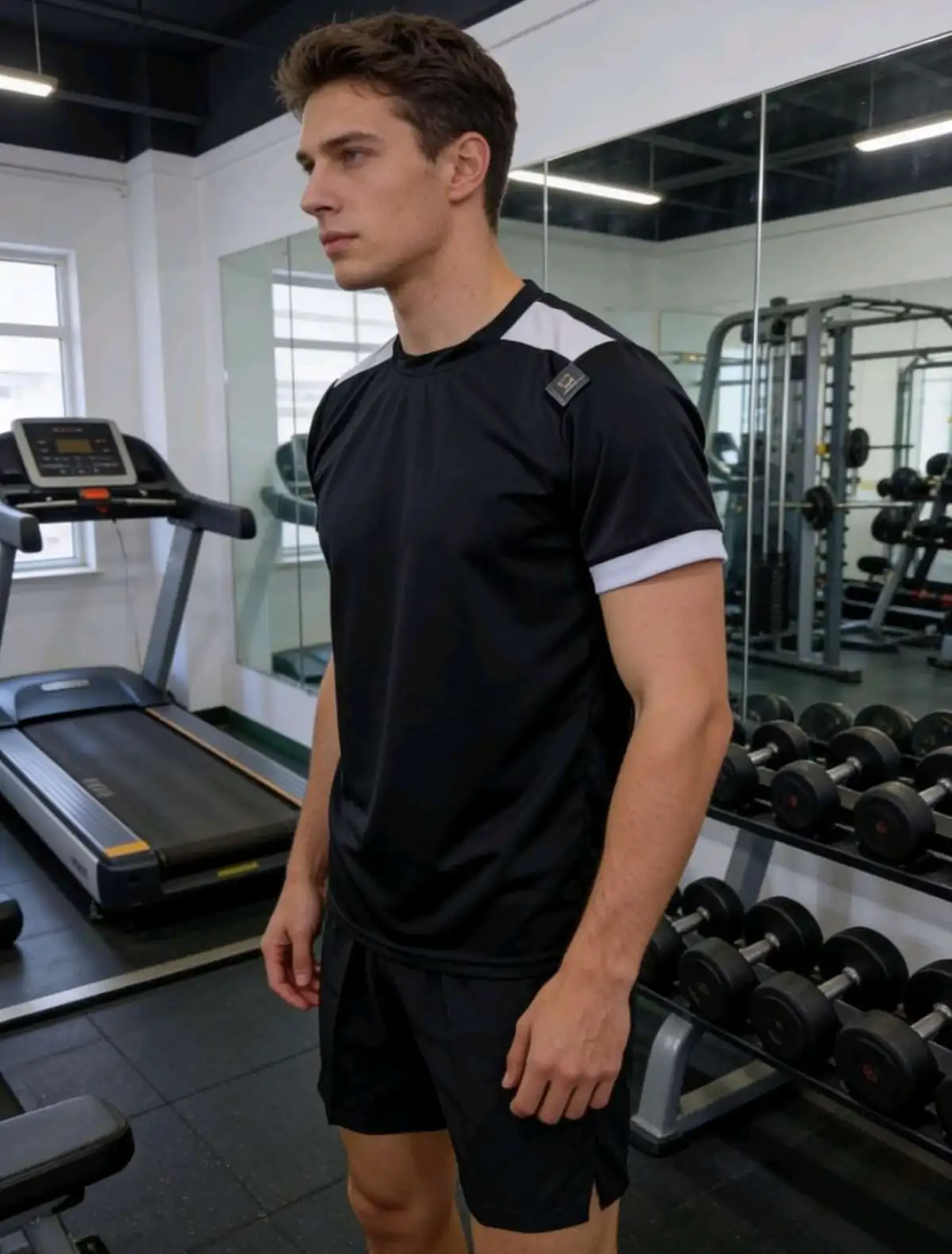 Camisa M Dryfit PRETA com detalhes branco no ombro e Barra da manga
