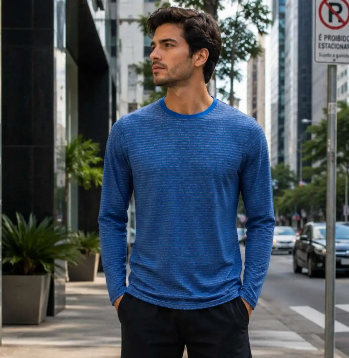 Camisa G manga longa listrada Azul