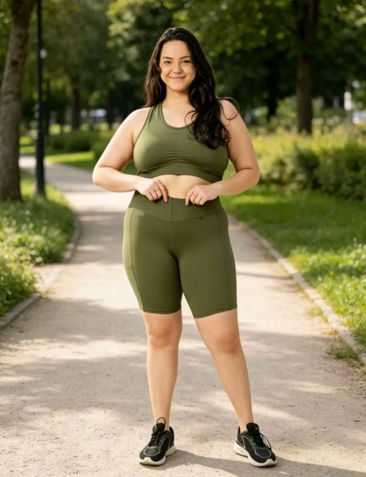 Conjunto de Short GG com bolsos e top sem bojo. Cor verde militar