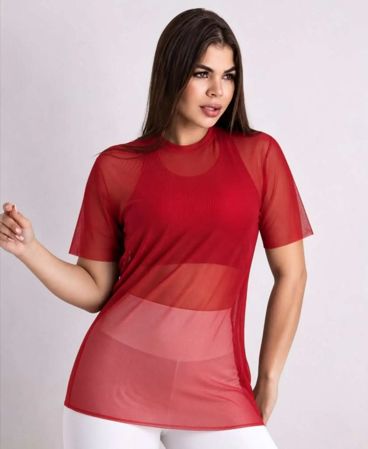 Blusa M/G tule sem costura cor VERMELHA
