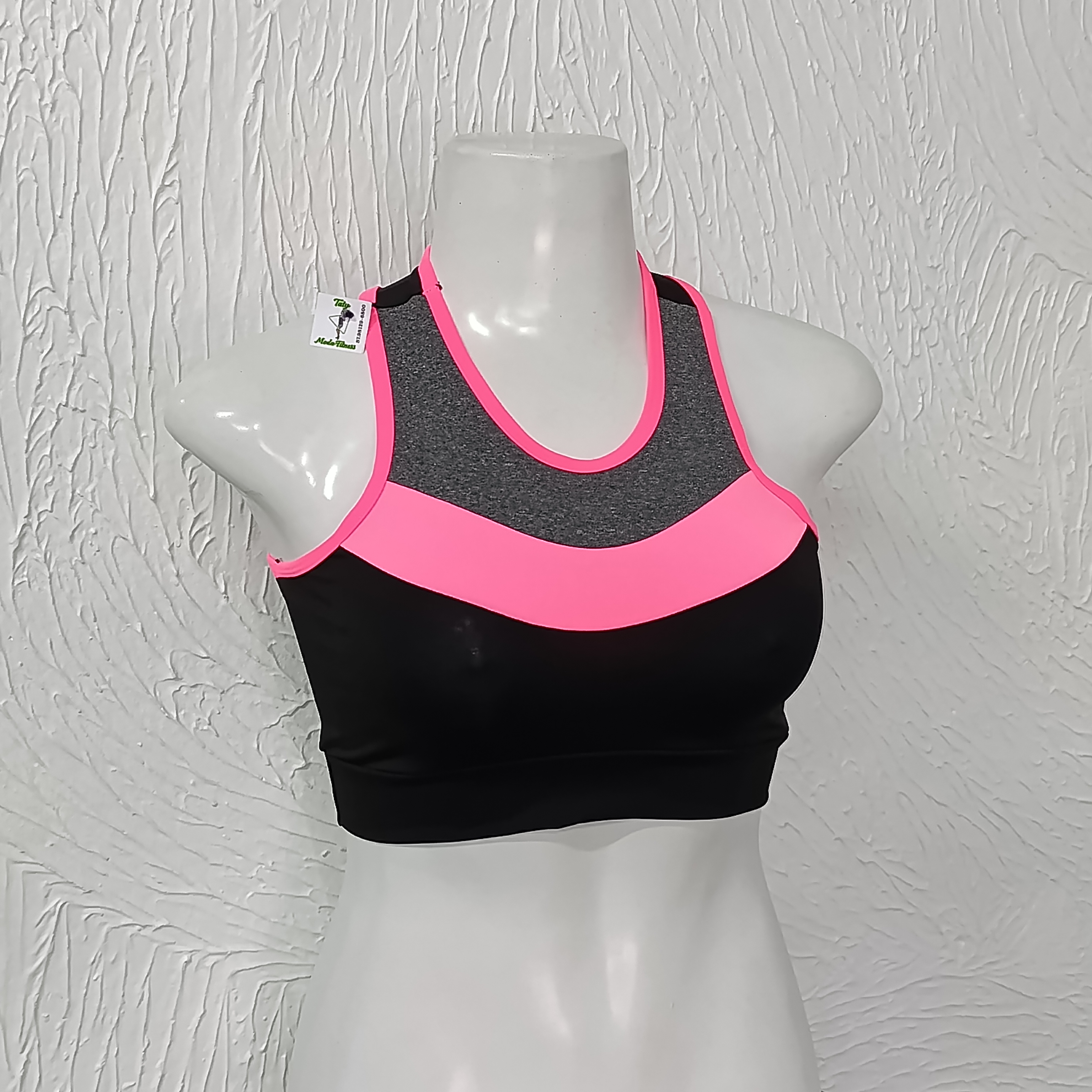 Top G. Sem bojo. Preto com cinza e rosa