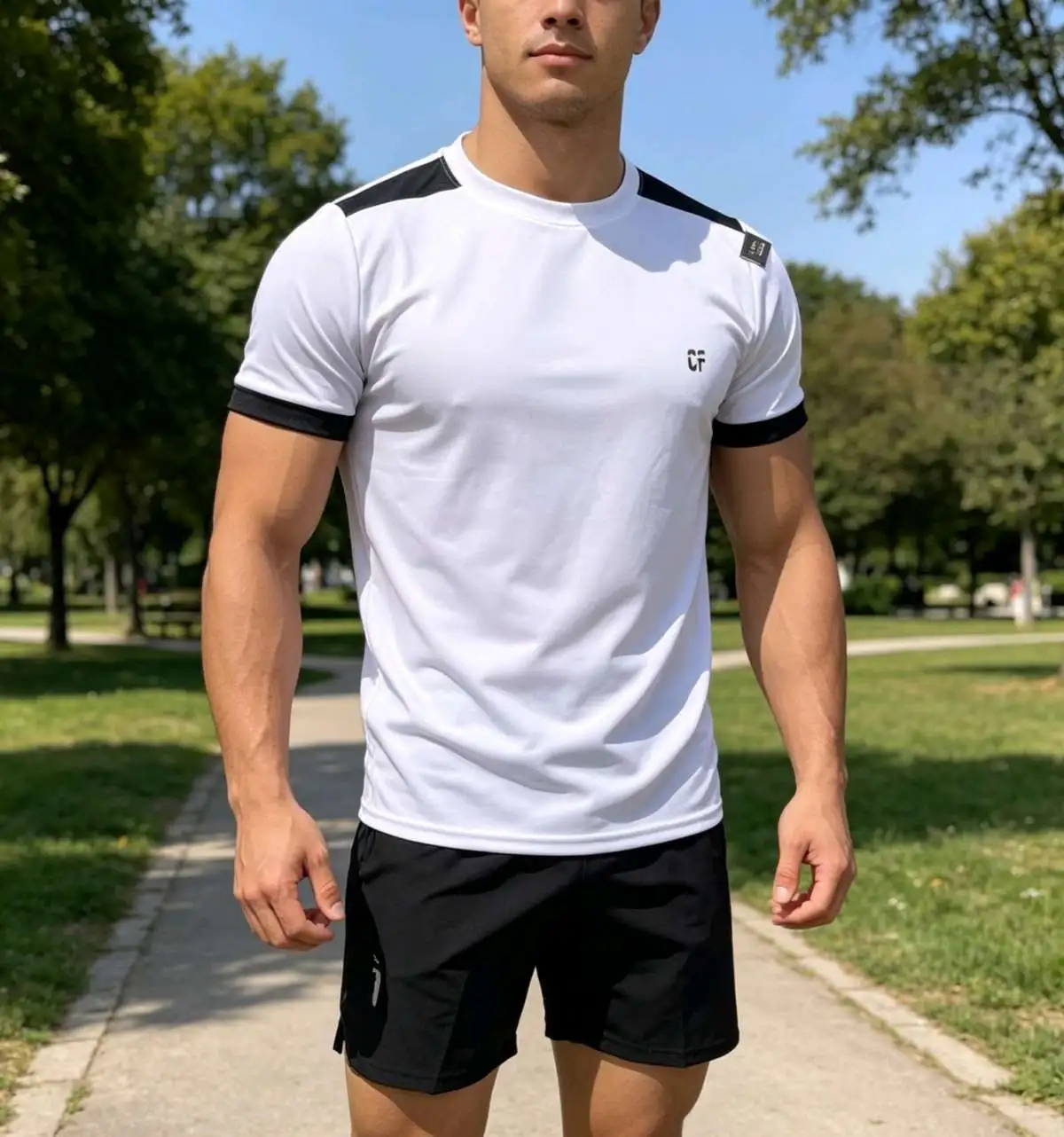 Camisa M Dryfit Branca Com punho e ombro Preto