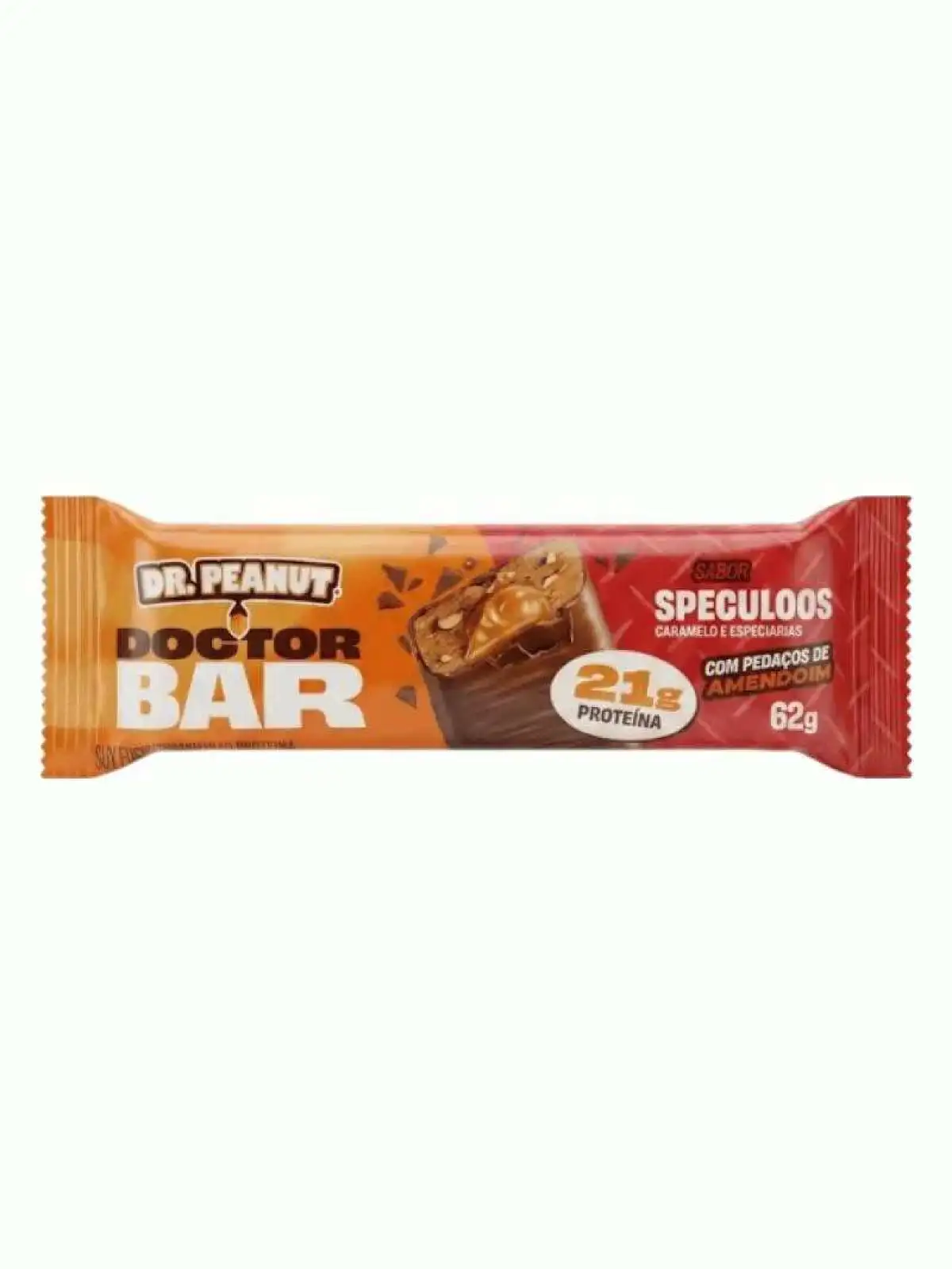 Display Barra de Proteína Doctor Bar Sabor Speculoos Caramelo e Especiarias com Pedaços e Amendoim 62g